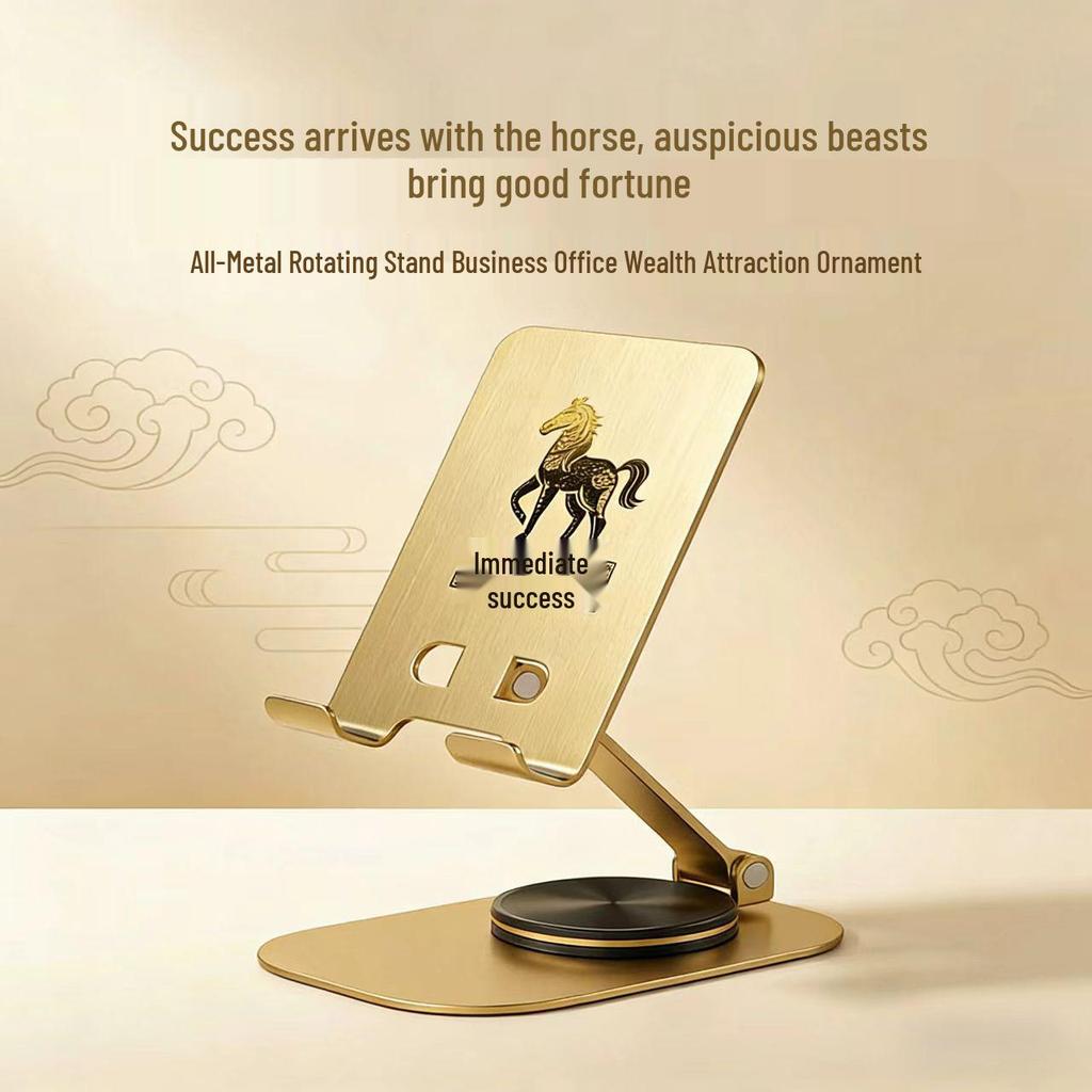 Carbon Steel 360° Rotating Phone Holder with Tablet Stand and Wealth Horse Figurine