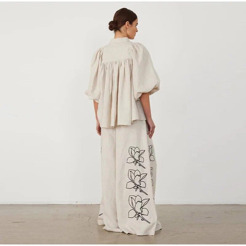 Женский весенне-летний модный комплект из хлопковых и конопляных брюк с принтом, винтажная рубашка с откидными рукавами и откидным воротником, плиссированные широкие брюки, комплект