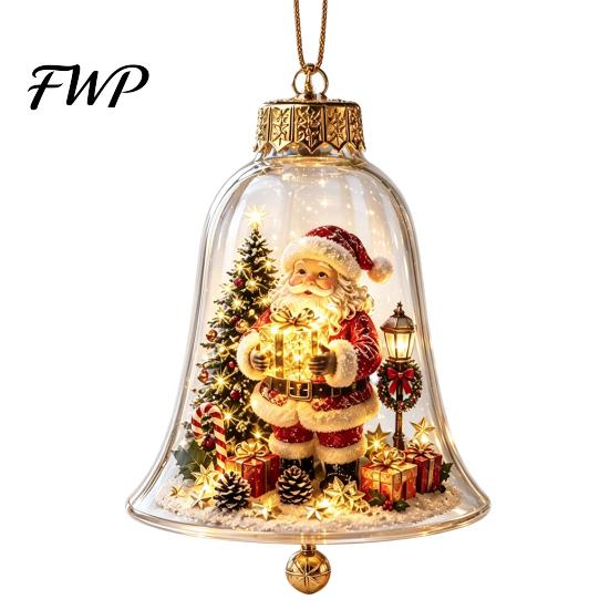Clear Acrylic Christmas Ornaments 3D Bell Ornament, Winter Scene Decoration with Santa Immersive Wonderland Snowman Reindeer Angel Tree Inside