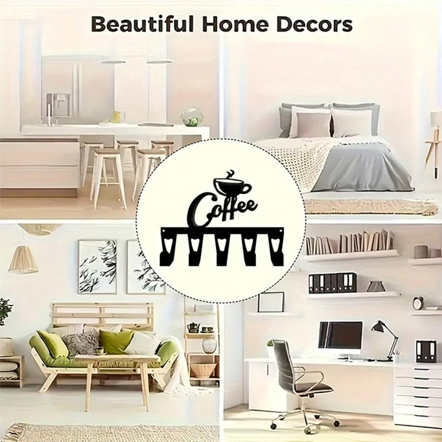 Modern Coffee Cup Key Holder Heavy Wrought Iron 5 Hooks Space Saver Gift