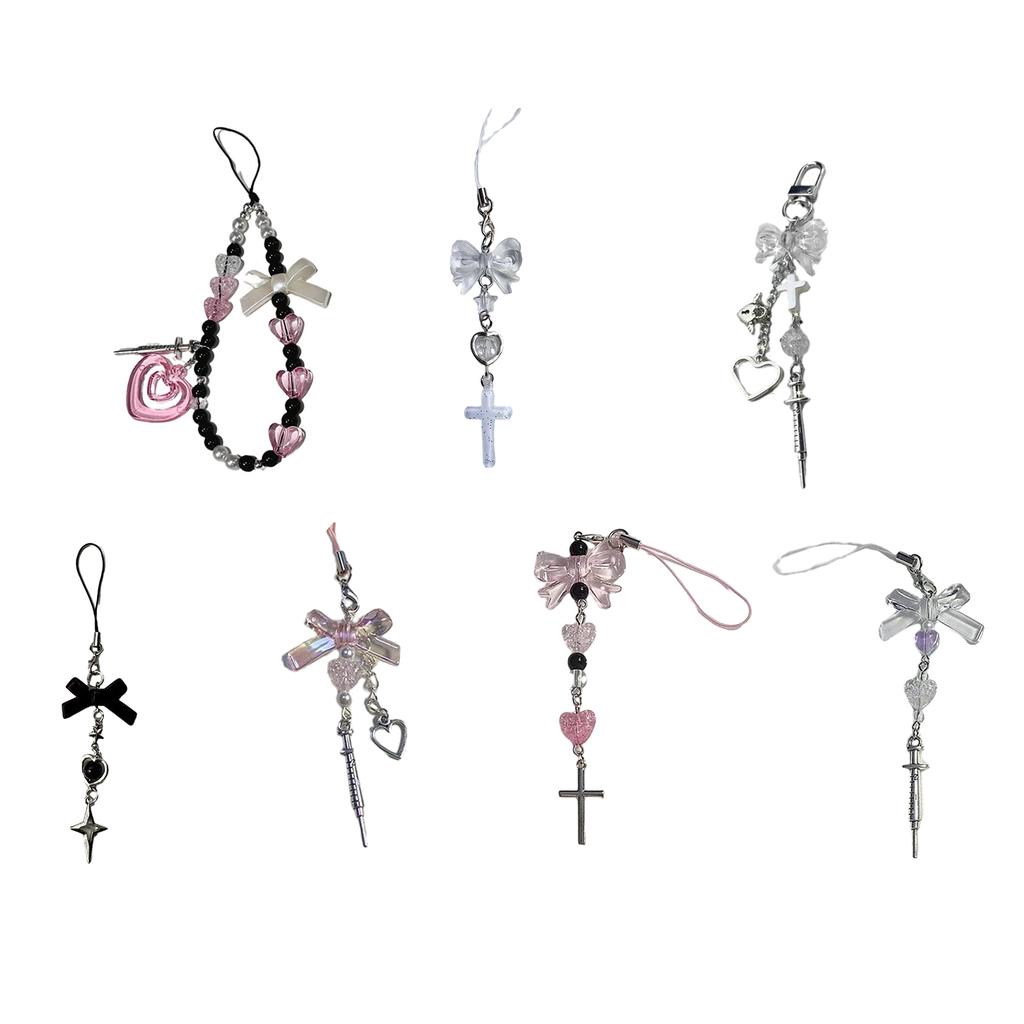 Sweet Heart Cross Bead Phone Charm Straps Car Keys Hanging Pendants Fashion Bag Decoration Lanyard Purse Accessories