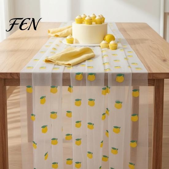 Summer Table Overlay Sheer Tulle Runner, Strawberry Cherry Lemon Pattern, Anniversary Runner Overlay, Seasonal Fruit for Birthday Party Wedding Decor