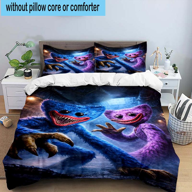 Blue Monster Huggy Night 3pcs Bedding,Including 1pc Duvet Cover And 2pcs Pillowcases Perfect for Christmas,Ideal for Bedroom, Dormitory