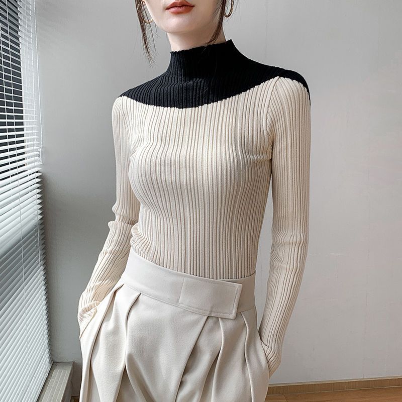 Женский вязаный свитер с полувысоким воротом, осенне-зимний дизайн, облегающий свитер с эффектом потертости, женская утягивающая рубашка с топом