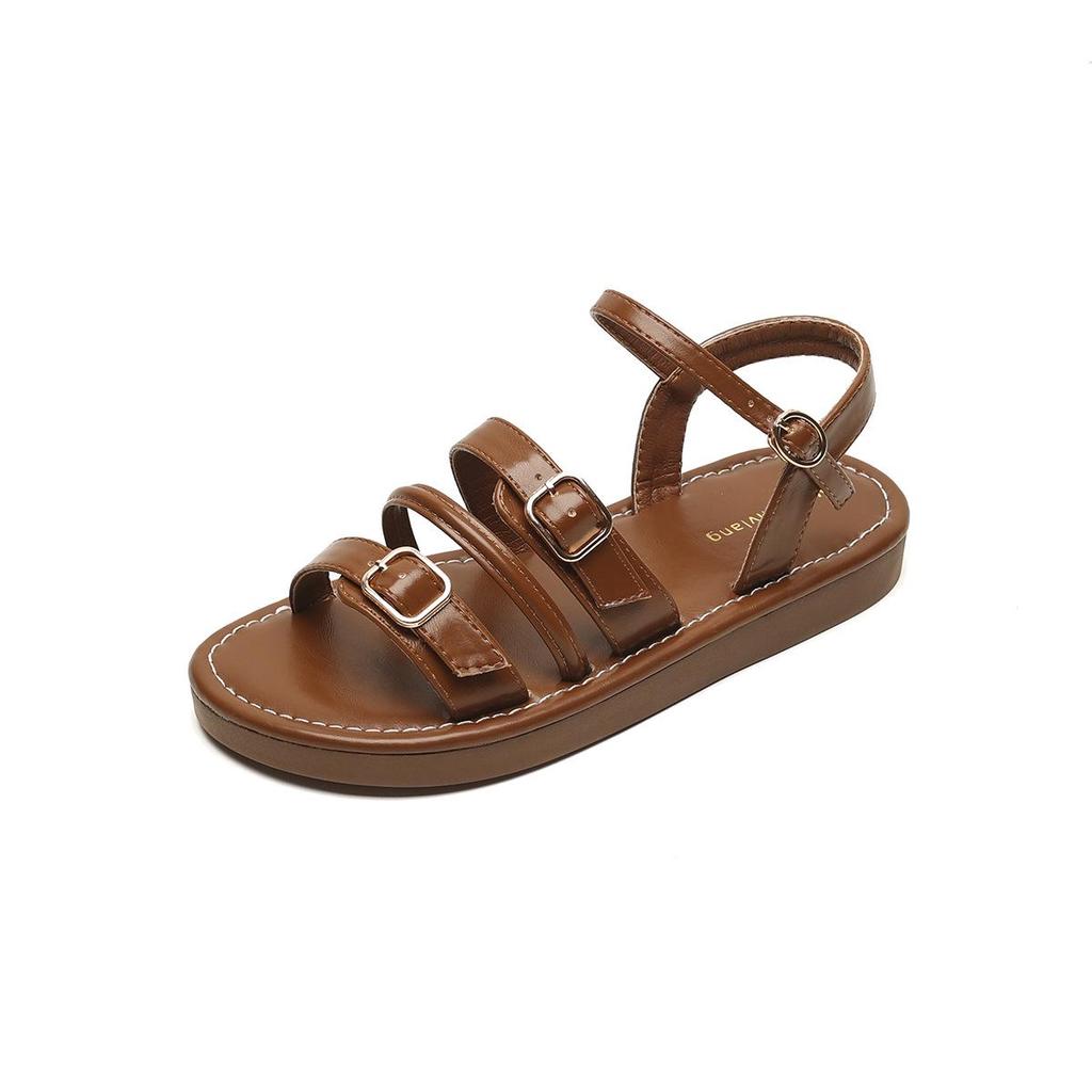 Weiwei Girl 020-1 French Style Flat Roman Sandals - Summer 2024 Women's One-Strap Shoes