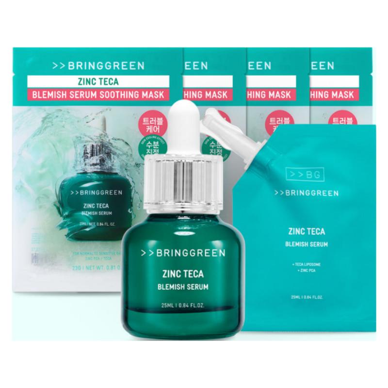 BRINGGREEN Zincteca Сыворотка от проблемной кожи 25 мл + 25 мл Двойной набор + Тканевая маска Zincteca (4 листа)