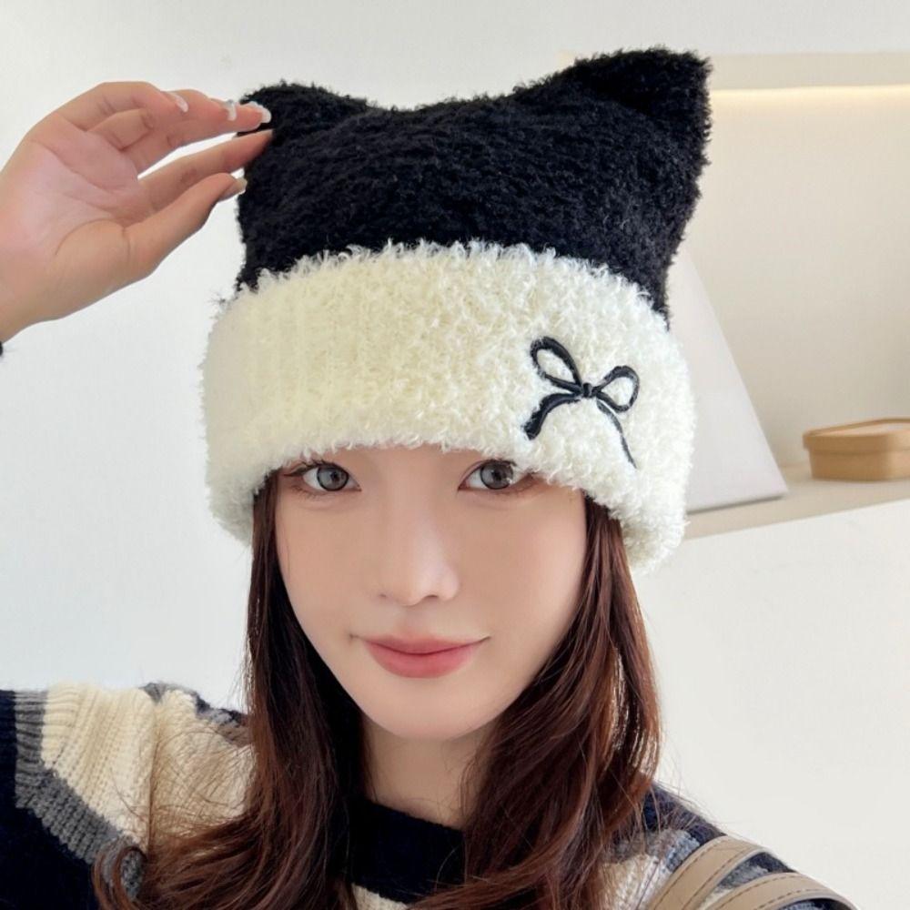 Bow Cat Ears Hat Keep Warm Winter Knitted Hat Personality Knitted Beanie Hat Female/Girls