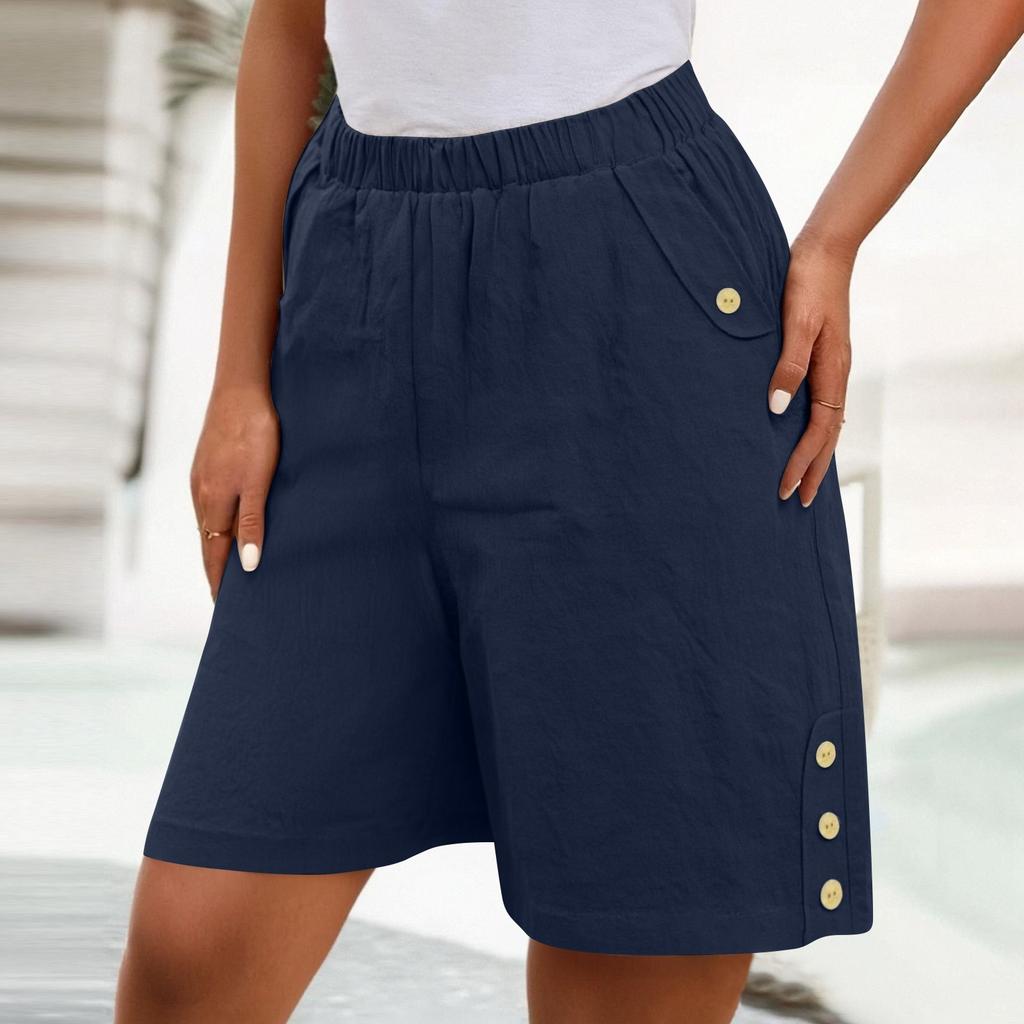Шорты-бермуды для женщин, широкие льняные шорты длиной до колена, летние повседневные длинные шорты, свободные, с высокой талией, с карманами