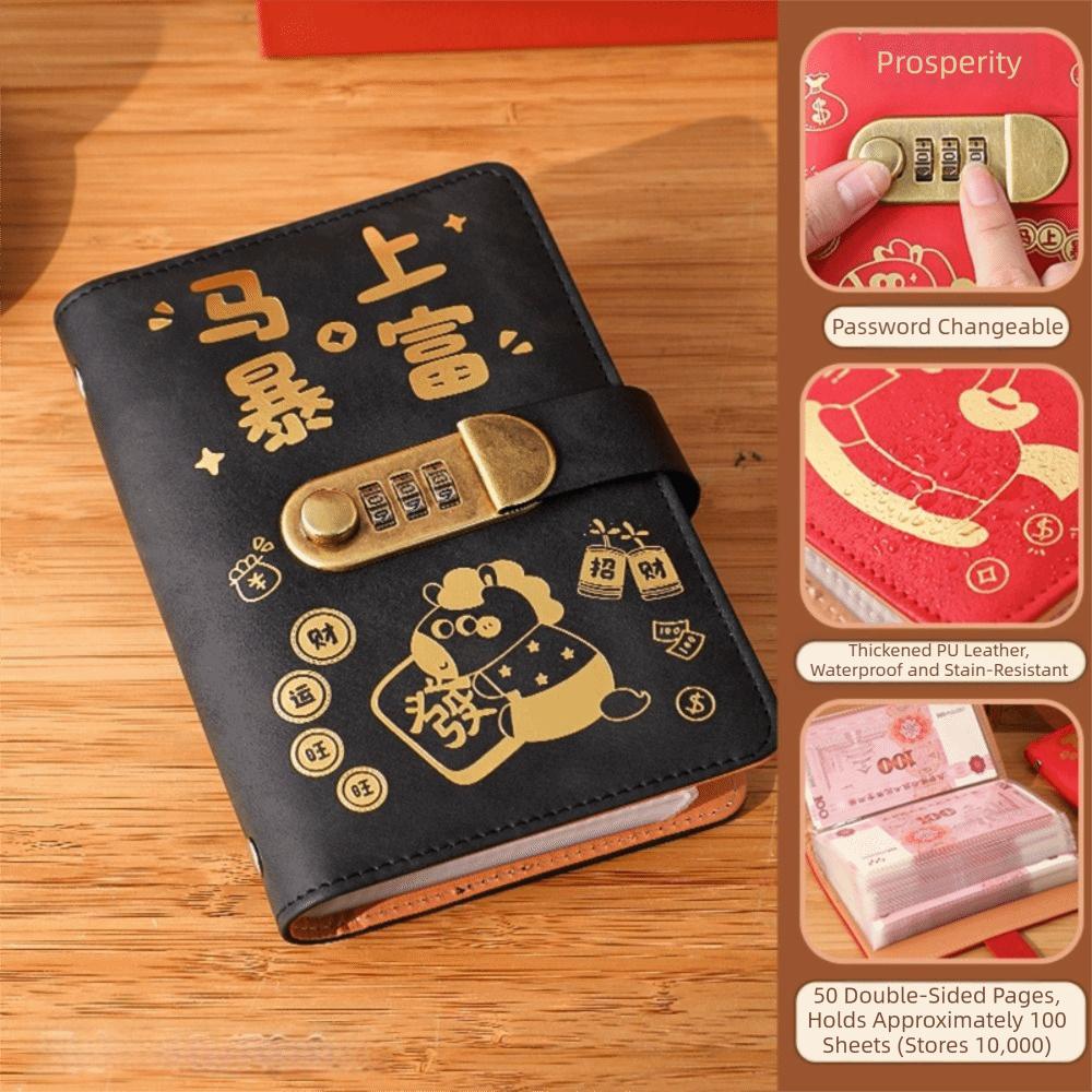 100 Envelopes Money Saving Challenge New Year Horse Waterproof Binder Savings Challenges Book PU With Password Lock
