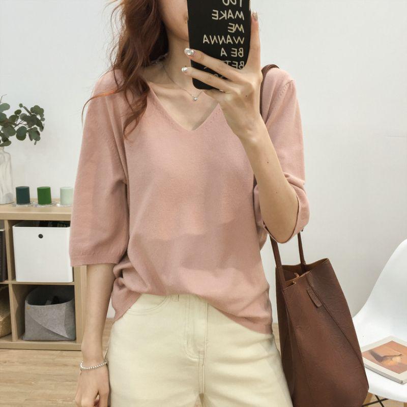 2025 Summer V-Neck Knit Short Sleeve Women's Slimming Top