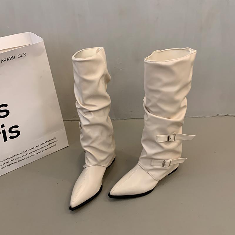 Мода Винтаж плиссированные женские сапоги до колена модные остроносые современные длинные сапоги осень-зима квадратные каблуки женская обувь