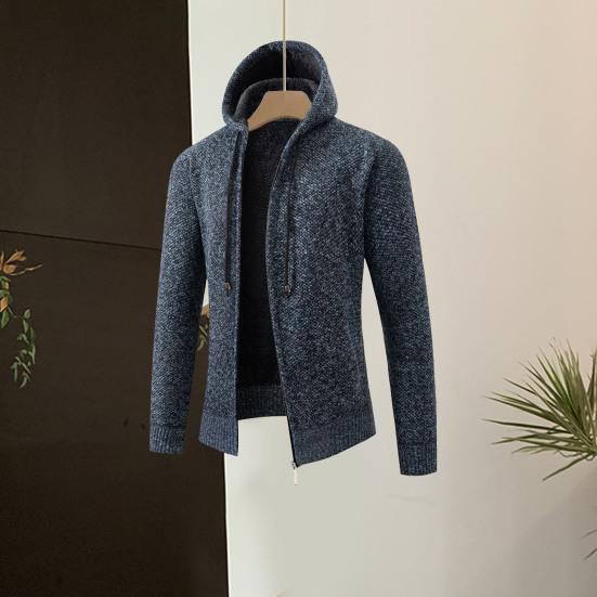 Men Fall Winter Cardigan Coat Drawstring Hooded Thick Velvet Lining Ribbed Cuffs Hem Solid Color Knitted