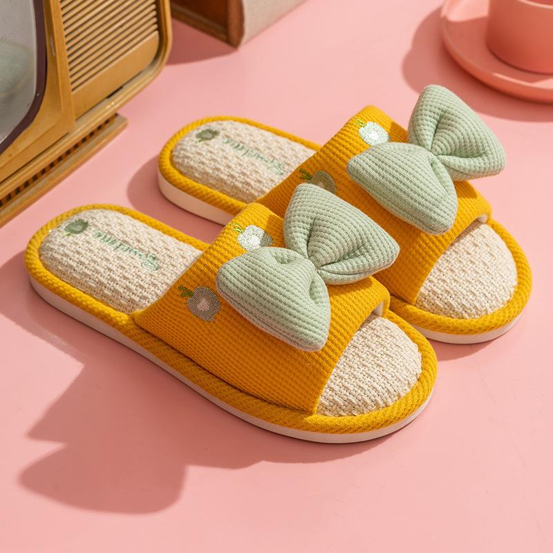 Cute Linen Women's Cotton Slippers for Indoor and Household Use, Wooden Flooring, Anti Slip and Wear-resistant Cotton Linen Slippers
