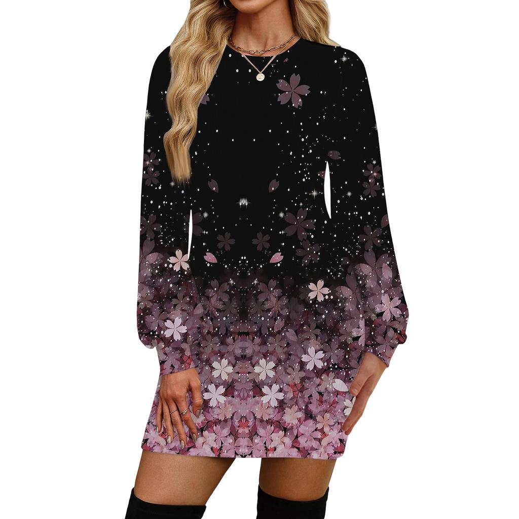 Женское модное повседневное платье с круглым вырезом и длинными рукавами