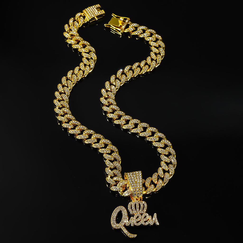 Crown QUEEN Letter Full Diamond Cuban Chain Pendant, Hip Hop Temperament Personality Necklace Jewelry