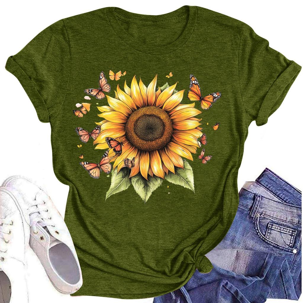 Женская повседневная футболка с круглым вырезом и цветочным принтом, короткий рукав