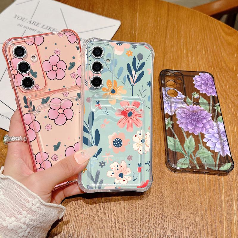 Чехол с принтом мультяшных цветов для Samsung S26 S25 S24 Ultra S23 S22 S21 FE A54 A15 A35 A55 A16 A26 A36 A56 A17 A37 A57 5G Прозрачная задняя крышка с кармашком для карты