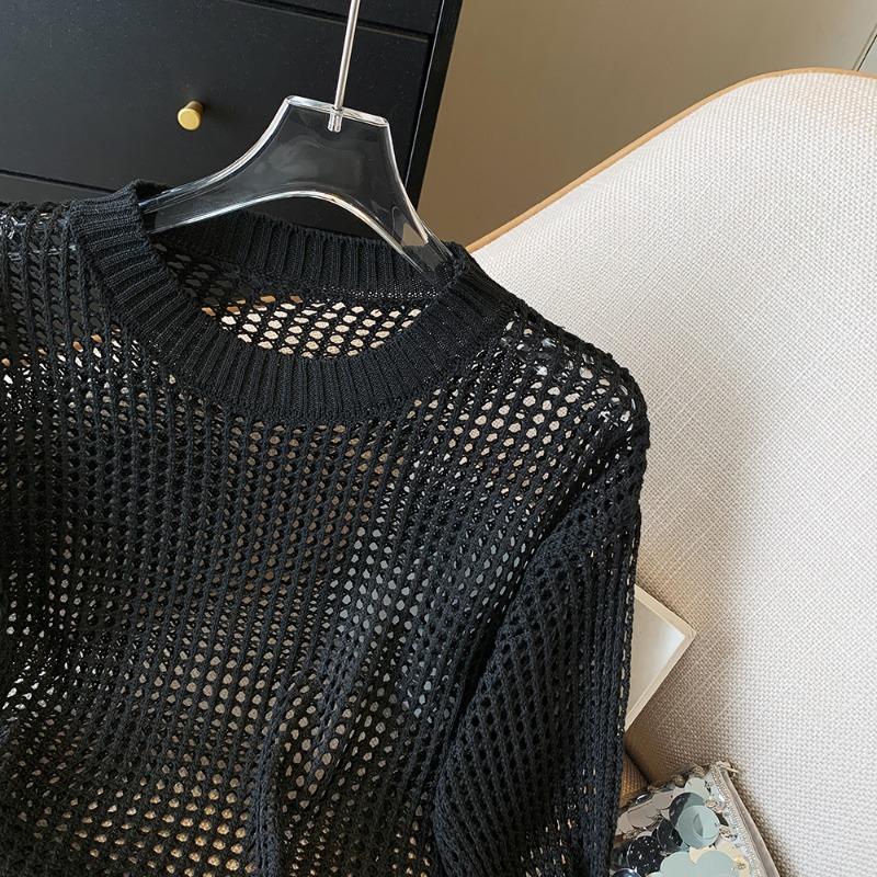 Модный свободный ажурный солнцезащитный вязаный свитер для женщин, осенний тонкий длинный рукав, круглый вырез, трикотаж, женские элегантные повседневные свитера 24799