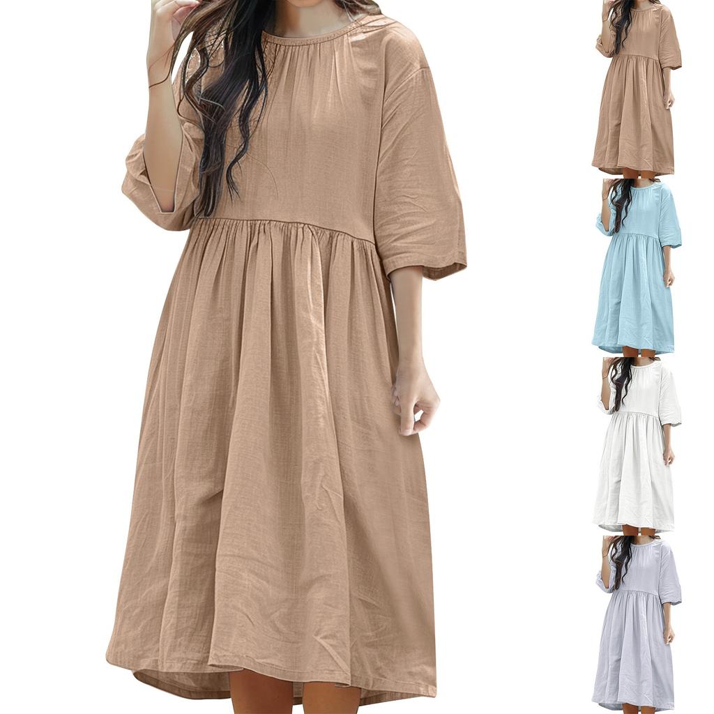 Women's Summer Solid Color Short Sleeved Pleated Round Neck Large Hem Dress