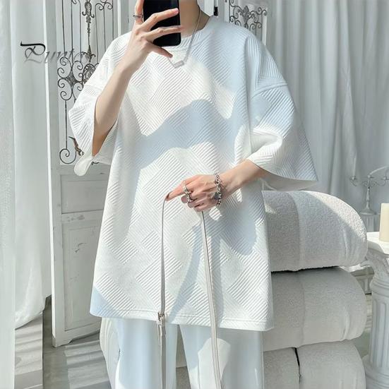 Летняя мужская футболка с круглым вырезом, свободная средней длины, сплошной цвет, вафельная текстура, плюс размер, половина рукава, уличная одежда в японском стиле, топ на открытом воздухе