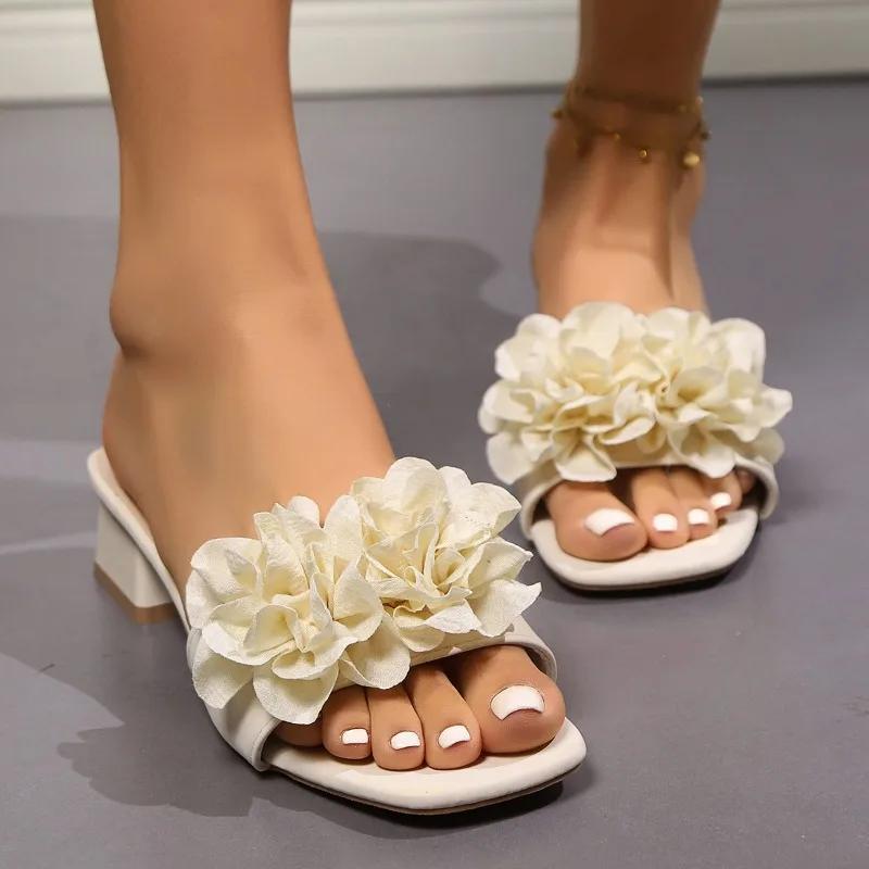 Женская обувь с открытым носком, женские тапочки, модные туфли, женские цветочные туфли с острым носком, на низком каблуке, современные сандалии больших размеров
