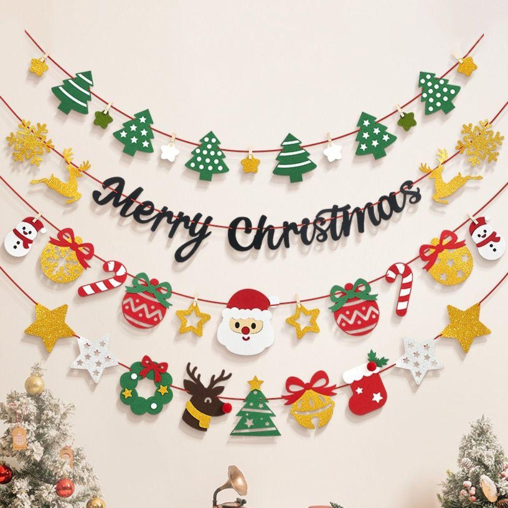 Felt Christmas Banner Elk Design Red Green Xmas Pull Flag Hanging Ornament Santa Design Party Banner Outdoor Decor