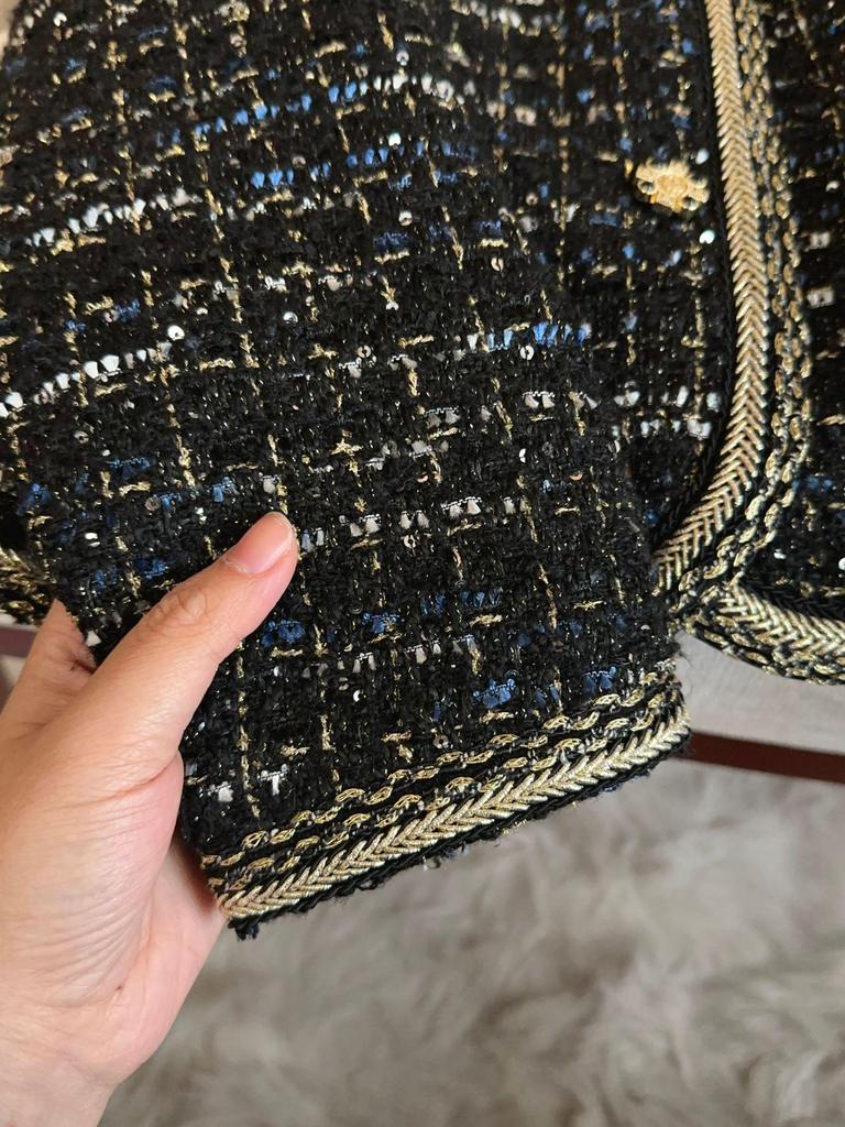 Женский черный твидовый жакет во французском стиле с кружевом A71337