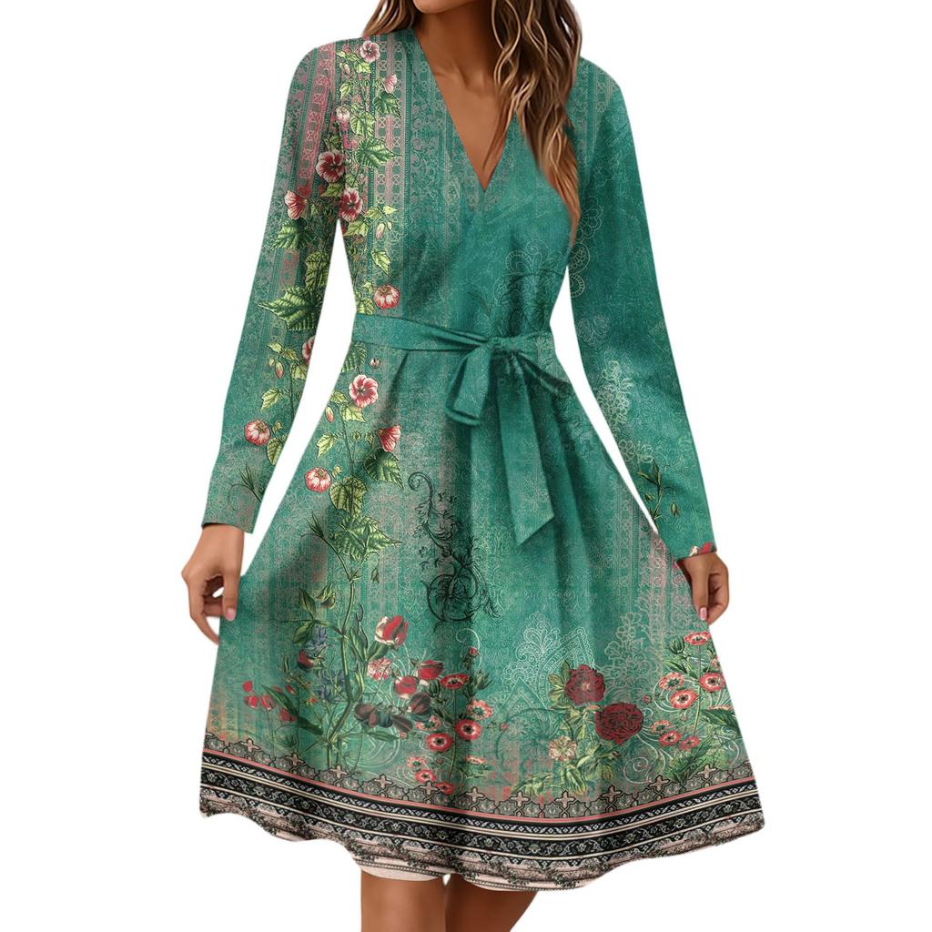 Women's Fashion Casual V-Neck Long Sleeve Waist Floral Print Midi Dress