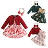 Toddler Baby Girls 3-Piece Christmas Outfit Long Sleeve Frilly Velvet Cardigan with Sleeveless Bowknot Cute Printed Dress and Bow Headband