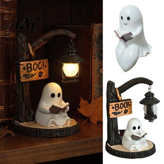 Cozy Halloween Atmosphere Light Hanging Ghost Night Resin Figurine, Vintage Farmhouse Glowing Tabletop Ornament, Country Style Display Warm