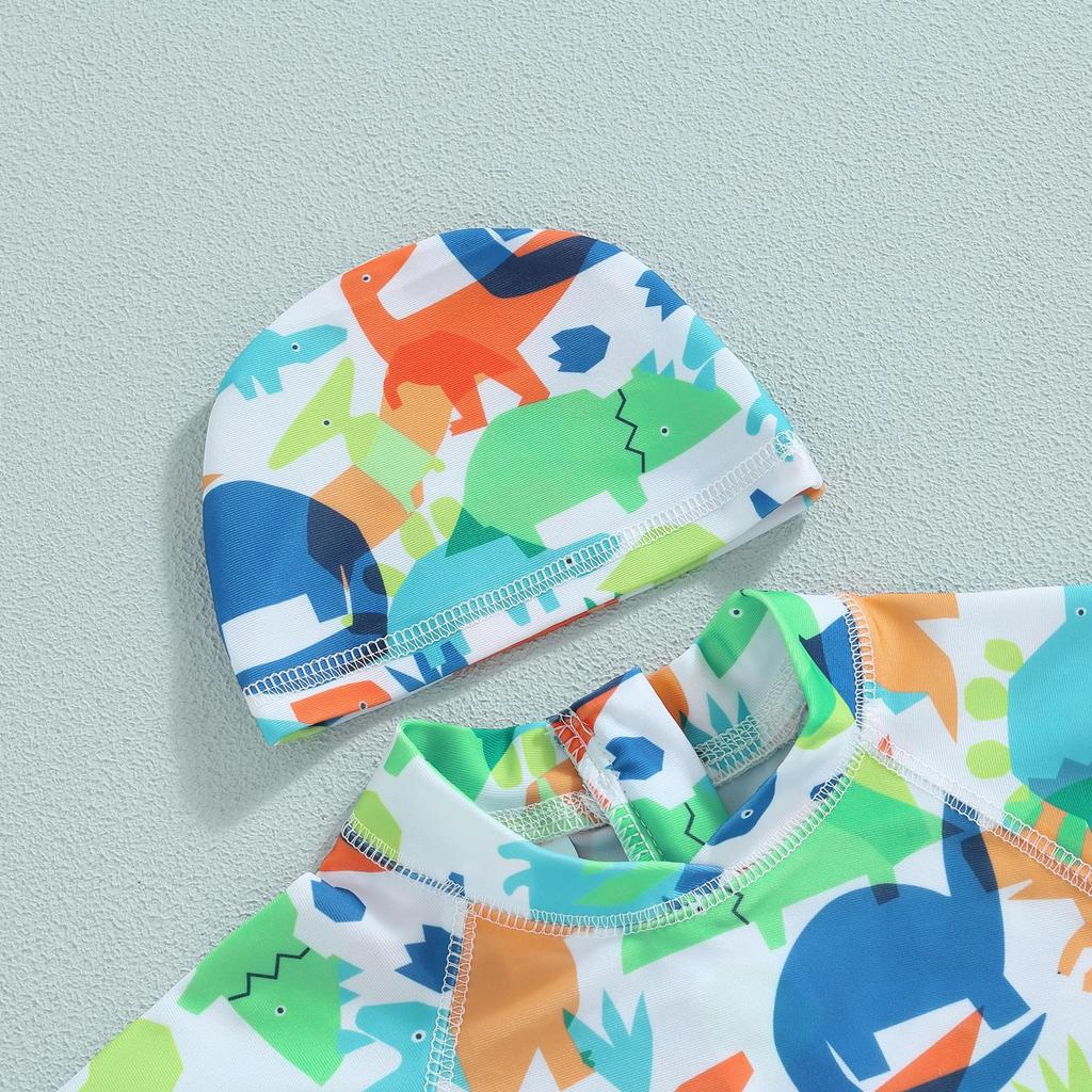 Детский купальный комбинезон для мальчиков, пляжные летние купальники для детей 1 года, 2 лет, 3 лет, 4 лет, 5 лет, 6 лет, с короткими рукавами, круглым вырезом, купальник с принтом динозавра из мультфильма, шорты + шапочка