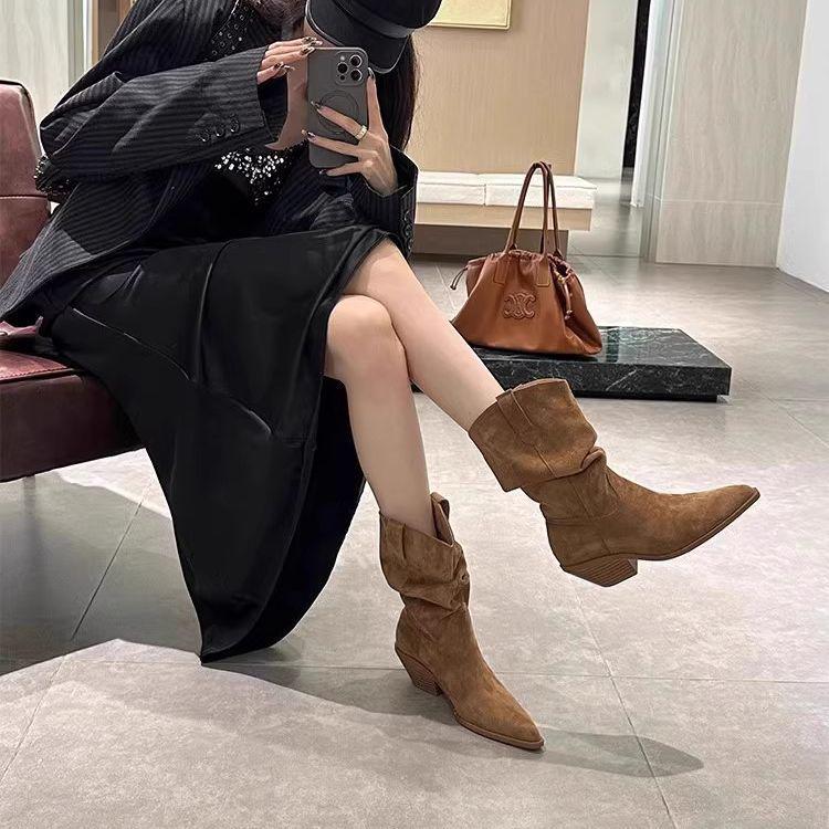 2025 Autumn/Winter Men's Suede Chunky Heel Pointed Toe Boots - Mid-Heel Ankle, Mid-Calf, High-Heel Slouch, Western Cowboy Styles