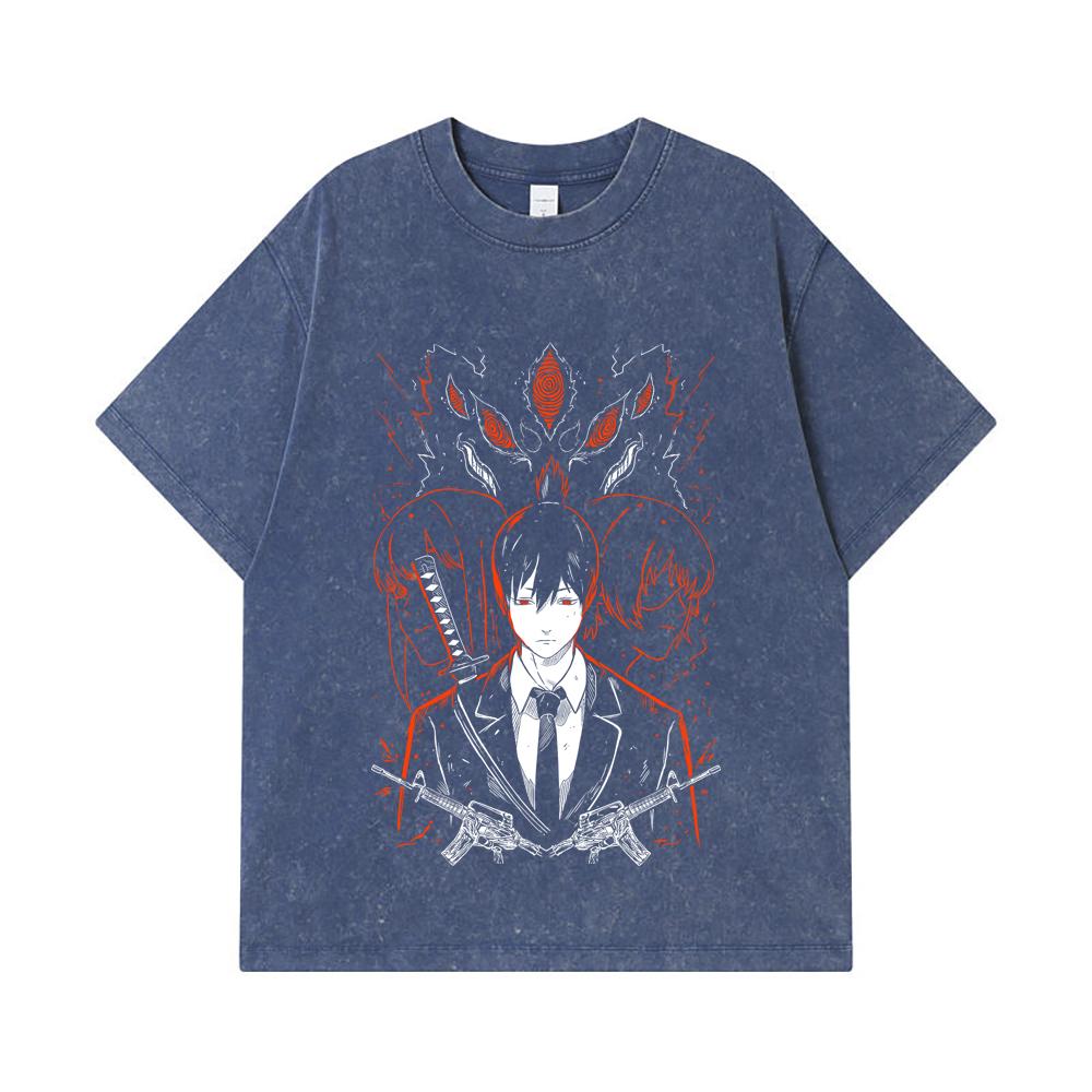 GSM Washed Tshirts  Cotton Chainsaw Man V Aki Print Unisex Heavy Cotton T Shirt