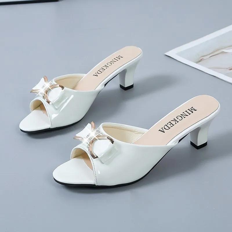 Slippers Women's Solid Color Summer Mid-heel Shoes Bow Candy Shoes One-word Sandals and Slippers Women's All-match High-heeled Sandals