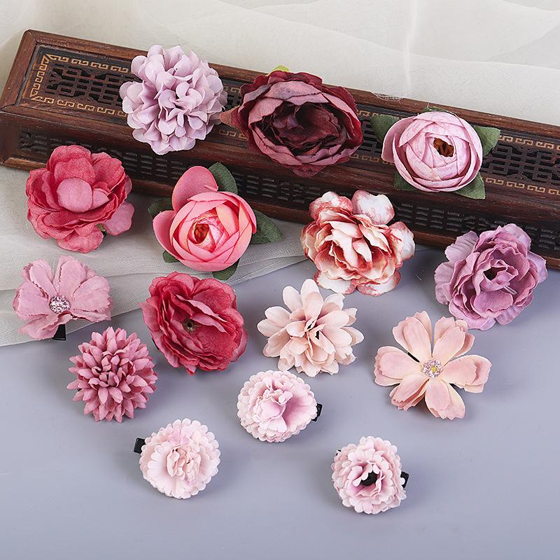 Vintage Flower Hair Clip Set Red Color Series Peony Rose Chrysanthemum Hair Clip For Women Elegant Hanfu Hair Accessories