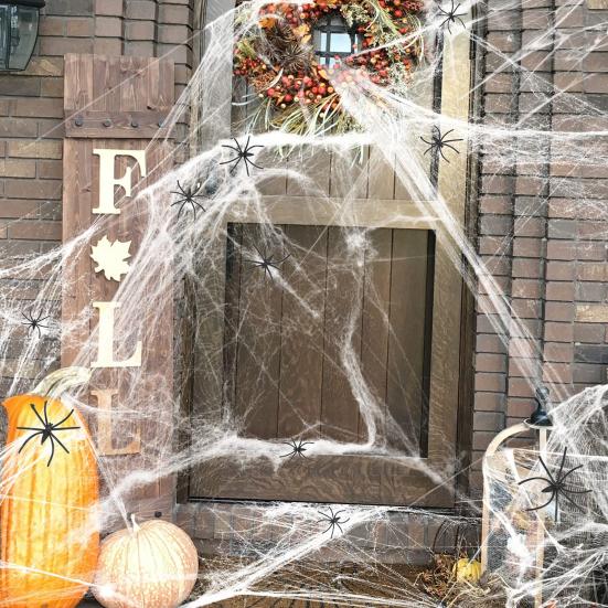Halloween Decoration White Spider Web Stretchable Cotton Cobweb Decor with 100 Plastic Spiders Safe Indoor Halloween Props