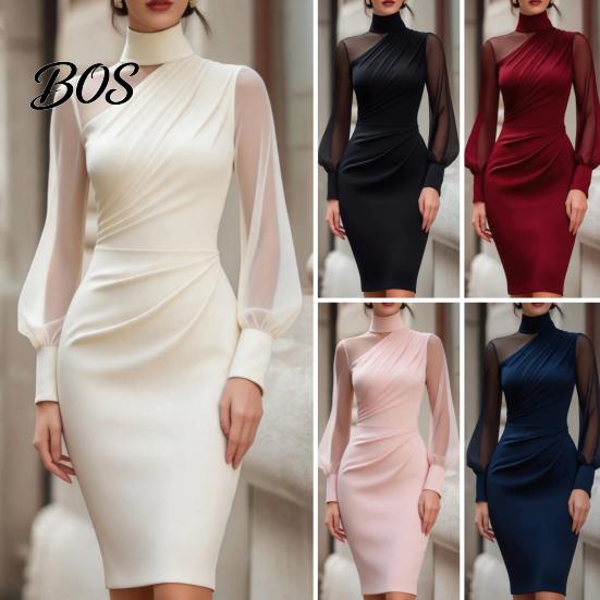 Everyday Casual Dress Women's Mesh Sheer Long Sleeve Mini Dress, Ruched Bodycon Mock Office Wear Women Neck Party Cocktail Formal Wedding Guest