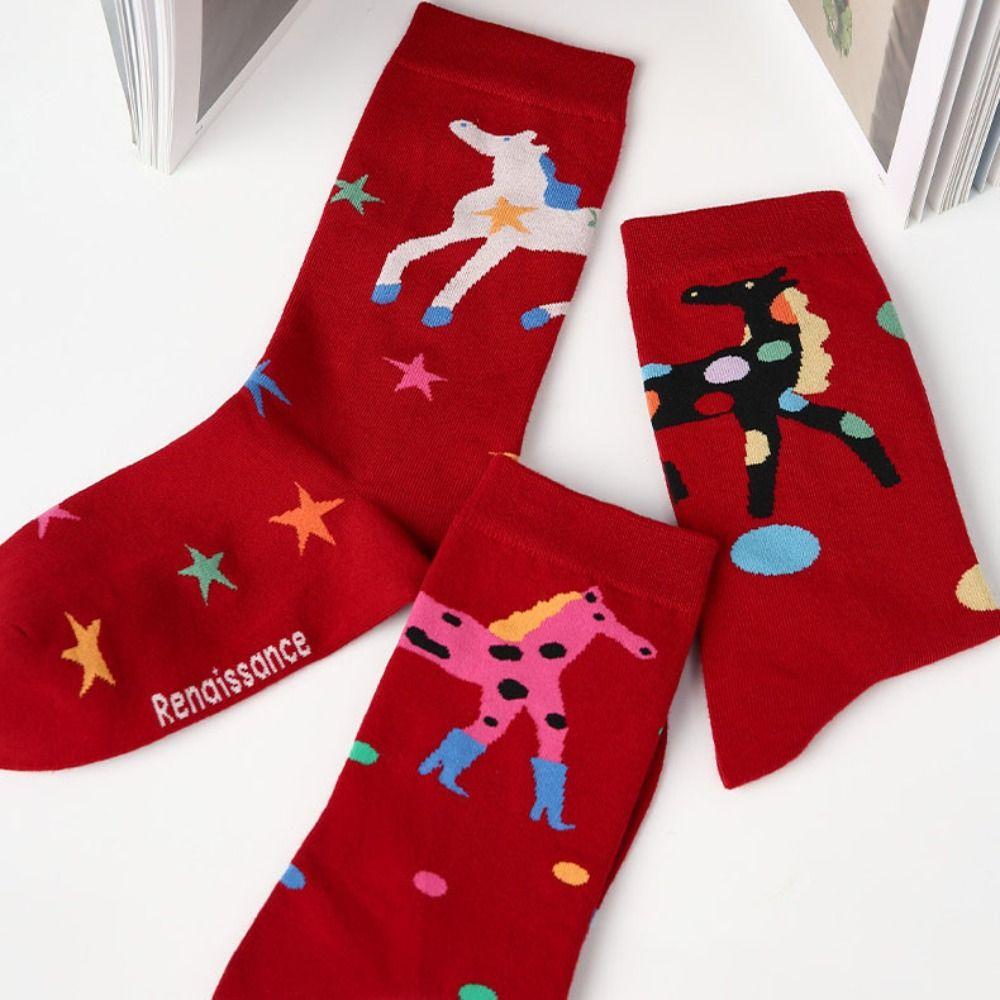 3Pairs Cartoon New Year Tube Socks Mid Calf Zodiac Year Socks Funny Red Cotton Socks Gift