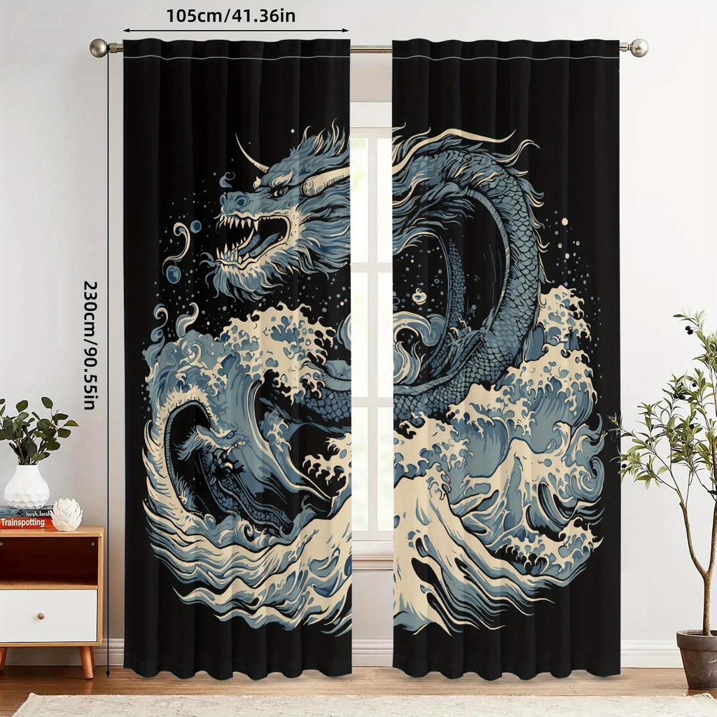 2pcs Dragon Design Blackout Curtains Polyester Retro Japanese-Inspired Dragon & Wave Art, Grommet Top for Easy Hanging