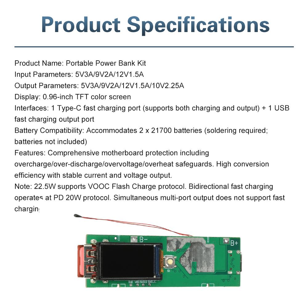Power Bank DIY Solderless 21700 Battery Case Power Bank Shell 22.5W Bidirectional Fast Charging Power Bank Control Mainboard