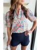 Pink Floral Print Button Split Neck Puff Sleeve Blouse