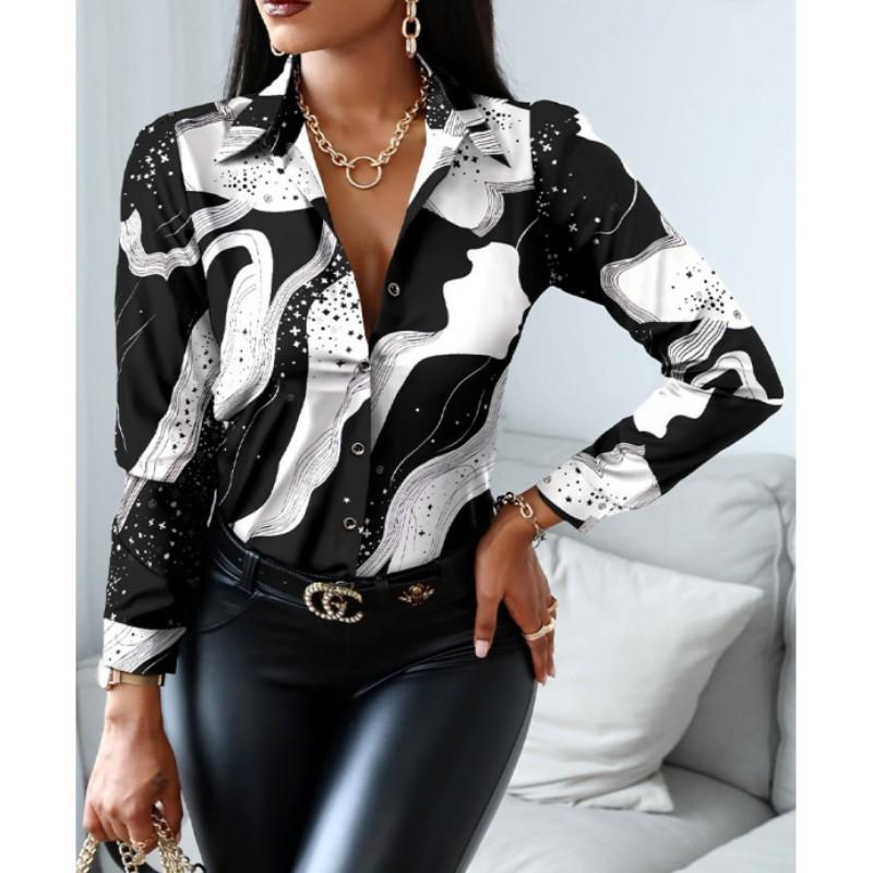 Women's Autumn Long Sleeved V-neck Color Blocked Retro Style Shirt, Loose and Elegant Casual Top