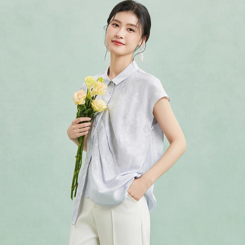 Cotton silk and linen collared short-sleeved shirt with high-end and unique irregular design, summer women's top