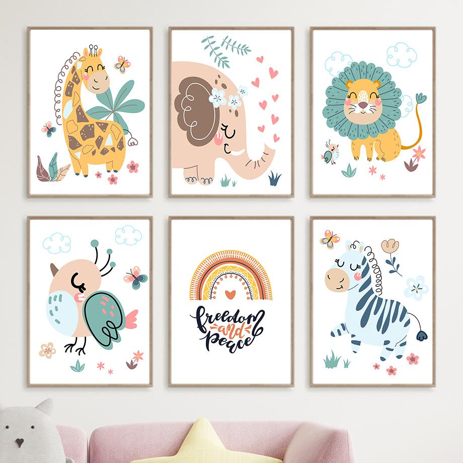 Милый слон Жираф Лев птица Зебра настенная живопись на холсте плакаты на скандинавскую тему и принты мультяшные настенные панно Декор детской комнаты