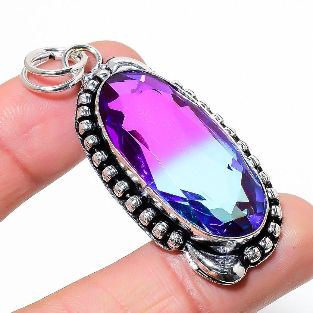 Natural Bi-Color Tourmaline Gemstone 925 Sterling Silver Pendant 2.25" Q3b13