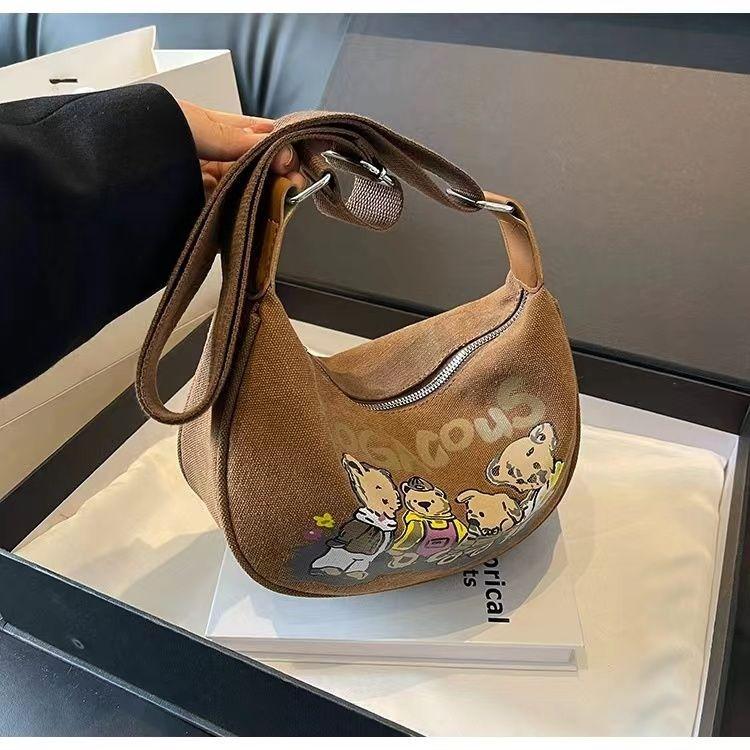 Shoulder Bag for Women Cartoon Bear Pattern Saddle Bag Fashionable Girl Canvas Dumpling Bag