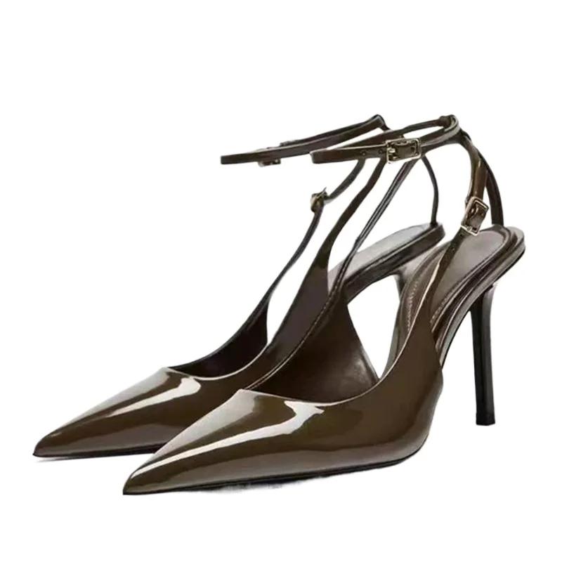Fashion Sexy Pointed Toe Ankle Straps Buckle Women Pumps Patent Leather Slingbacks High Heels Elegant Party Shoe Stiletto Heeled Sandals