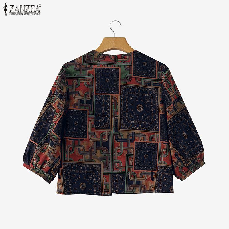ZANZEA Женский винтажный повседневный тонкий кардиган с коротким рукавом, открытый спереди, с цветочным принтом, укороченный топ-блузка