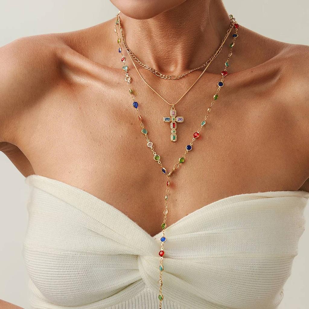 Ingemark 3Pcs/Set Y2K Boho Crystal Tassel Chain Necklace Women Collares New Trend Goth Cross Pendant Choker Party Jewelry Gift