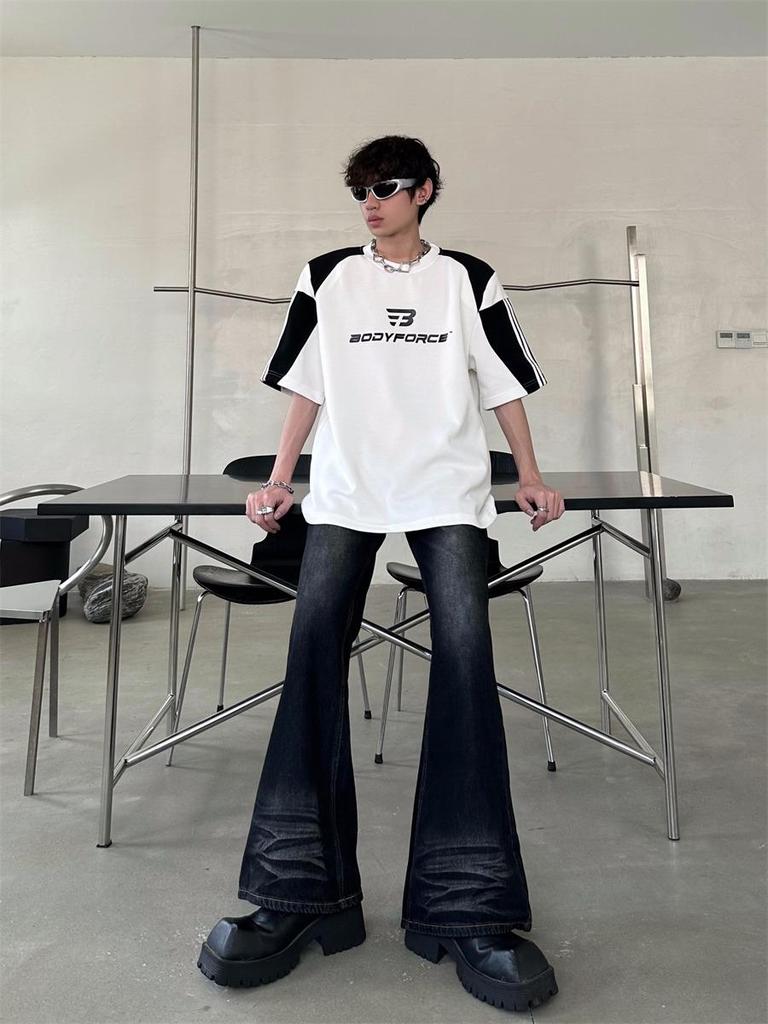 Унисекс футболка с цветными блоками и подплечниками - Мужской повседневный летний топ свободного кроя с коротким рукавом